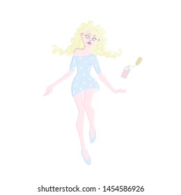 Alice In Wonderland Falling Illustration. Cute Girl With Blonde Hair In Blue Dress. Lady In Cute Pose With Drink Me Bottle. For Children, Kids, Toddler, Baby Decoration.
