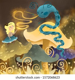 Alice In Wonderland Inspired Original Hand Drawn Digital Illustration. Meeting The Caterpillar.