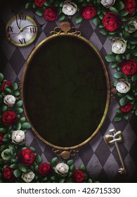 Alice in Wonderland. Red  roses and white roses on  chess background. Clock and key. Wonderland background. Rose flower frame. Oval frame.Illustration