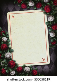 Alice In Wonderland. Red Roses And White Roses On Chess Background, Playing Card. Rose Flower Frame