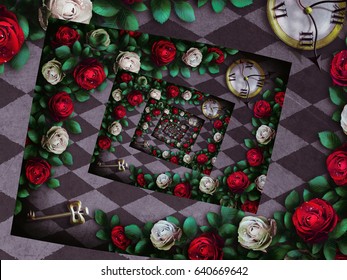 Alice in wonderland  Red  roses   white roses  chess background  Clock   key  Wonderland background  Rose flower frame  Illustration  The Droste Effect