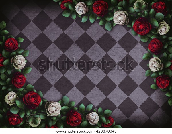 不思議の国のアリス チェスの背景に赤いバラと白いバラ 不思議の国の背景 バラの花の枠 イラスト のイラスト素材