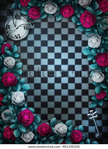 不思議の国のアリス チェスの背景に赤いバラと白いバラ 時計と鍵 バラの花の枠 不思議の国の背景 イラスト のイラスト素材