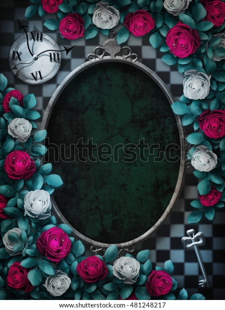 不思議の国のアリス チェスの背景に赤いバラと白いバラ 時計と鍵 バラの花の枠 楕円枠不思議の国の背景 ワンダーランドの壁紙 イラスト のイラスト素材