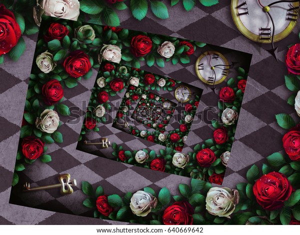 不思議の国のアリス チェスの背景に赤いバラと白いバラ 時計と鍵 不思議の国の背景 バラの花の枠 イラトス ドロステ効果 のイラスト素材