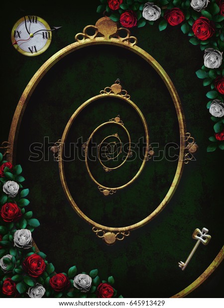 不思議の国のアリス チェスの不思議の国の背景に赤いバラと白いバラ 時計と鍵とらせんフレーム バラの花の枠 イラトス ドロステ効果 のイラスト素材