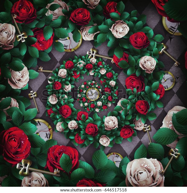 不思議の国のアリス 不思議の国のチェスの背景に赤いバラと白いバラ 時計と鍵とらせんフレーム バラの花の枠 ワンダーランドのイラスト ドロステ効果 の イラスト素材