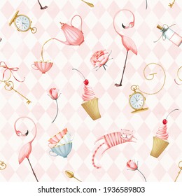 Alice in wonderland seamless pattern on a background of pink rhombuses. Flamingo, teapot, cups, cake, potion bottle, key, watch, cat. Cute style. Stock illustration.