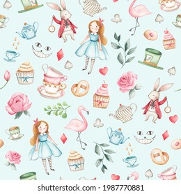 Alice In Wonderland Watercolor Illustration Seamless, Pattern