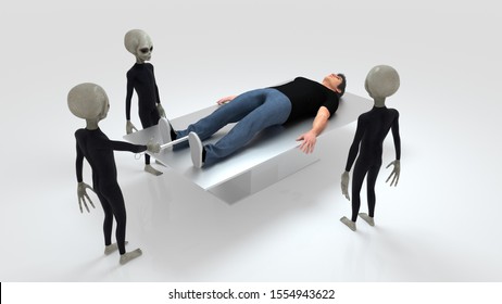 Alien Abduction With Three Grey Aliens And Human On Surgery Table Extremely Detailed And Realistic High Resolution 3d Image