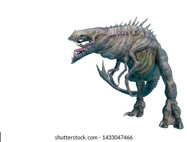alien animal in a white background side view. This monster in clipping path is very useful for graphic design creations, 3d illustration