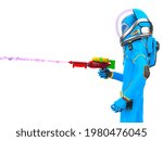 alien astronaut is playing with a pump action squirt gun side view, 3d illustration