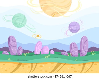 Alien Background. Moon Surface Strange Futuristic Fantasy Planet Ground Explorer Mountain 2d Games Cartoon Picture