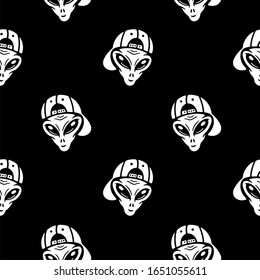 Alien In The Cap Seamless Pattern On Black Background