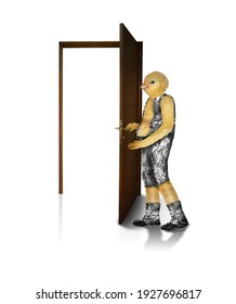 Alien chick opens the door. Chick dressed as human.