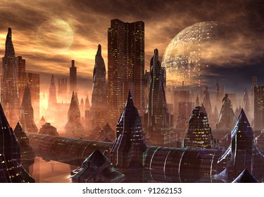 Alien City, fantasy city skyline on an alien planet