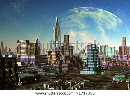 Alien City Fantasy City Skyline On Stock Illustration Royalty Free