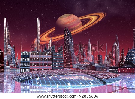 Alien City Fantasy City Skyline On Stock Illustration Royalty Free