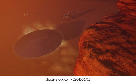 Alien Encounter On Mars. Realistic 3D Illustration Showing Martian Terrain