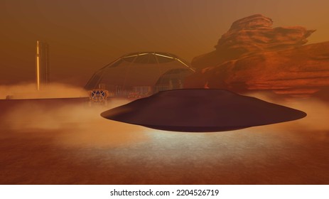 Alien Encounter On Mars. Realistic 3D Illustration Showing Martian Terrain