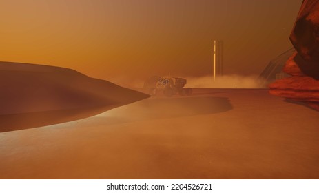 Alien Encounter On Mars. Realistic 3D Illustration Showing Martian Terrain