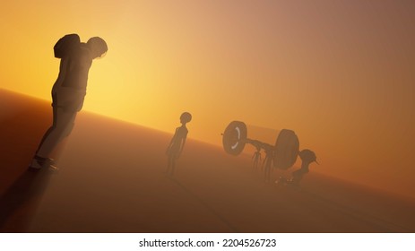 Alien Encounter On Mars. Realistic 3D Illustration Showing Martian Terrain