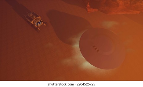 Alien Encounter On Mars. Realistic 3D Illustration Showing Martian Terrain