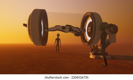 Alien Encounter On Mars. Realistic 3D Illustration Showing Martian Terrain