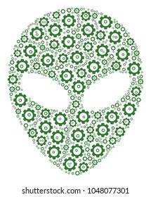 Alien Face mosaic of cogs. Raster gearwheel pictograms are united into alien face pattern.