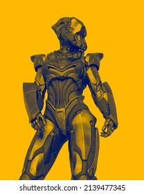 Alien Female Soldier Is Doing A Pin Up Pose In White Background, 3d Illustration