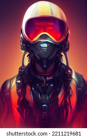 Alien Fighter Pilot With Cyberpunk Helmet. High Quality Illustration