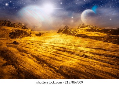 Alien Golden Landscape, With Surface Of Another Planet With Ice And Sky Full Of Stars. Photo Montage That Recreates An Alien Landscape Of An Extraterrestrial Planet