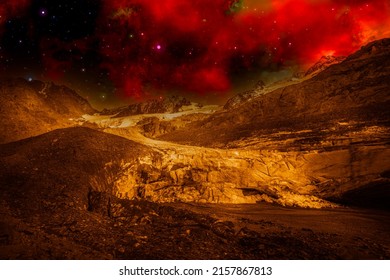 Alien Golden Landscape, With Surface Of Another Planet With Ice And Sky Full Of Stars And Red Nebula. Photo Montage Of Mountains That Recreates An Alien Landscape