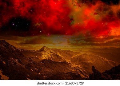 Alien Golden Landscape, With A Surface Of Another Planet. Photo Montage That Recreates An Alien Landscape Of An Extraterrestrial Planet Under A Starry Sky