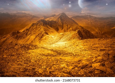 Alien Golden Landscape, With Surface Of Another Planet With Ice And Sky Full Of Stars. Photo Montage That Recreates An Alien Extraterrestrial Planet Landscape