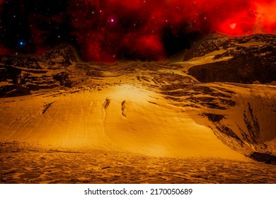 Alien Golden Landscape, With Surface Of Another Planet With Ice And Sky Full Of Stars. Photo Montage Of Mountains That Recreates An Alien Landscape Of An Extraterrestrial Planet