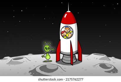 Alien Greets Children At Spaceship Landing On Barren Planet In Space