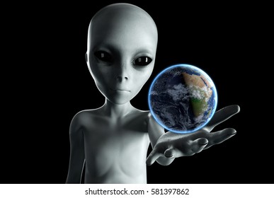 Alien hand reaching out with Earth planet. UFO futuristic concept. 3d rendering.