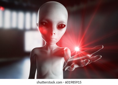 Alien Hand Reaching Out. UFO Futuristic Concept. 3d Rendering.