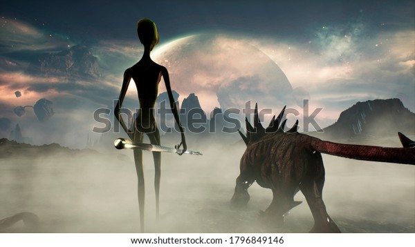 An alien with\
his unusual animal go hunting. Landscape of a creepy alien planet\
in a lost space. 3D\
Rendering.