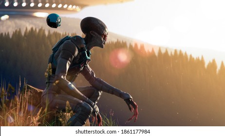 Alien Landed On Our Planet Earth In Mountains At The Sunset Contemplating Our Beautiful Nature - Concept Art - 3D Rendering