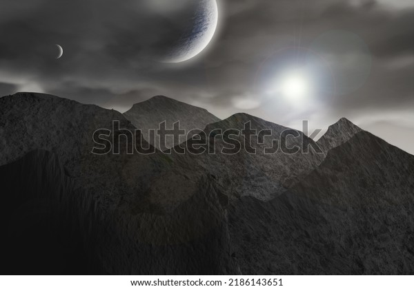 Alien landscape\
3d illustration. an alien world with rocky mountains brightened by\
a glowing star in a distant, landscape wallpaper for pc, fantasy\
scene for desktop background\
