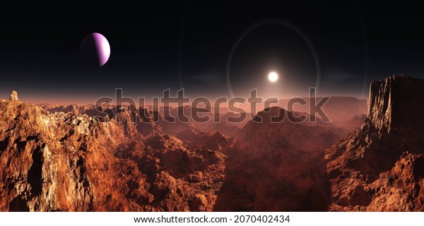 Alien\
landscape, Mars at sunset, sunrise on Mars, Star above the surface\
of another planet, alien fantasy. , 3d\
rendering