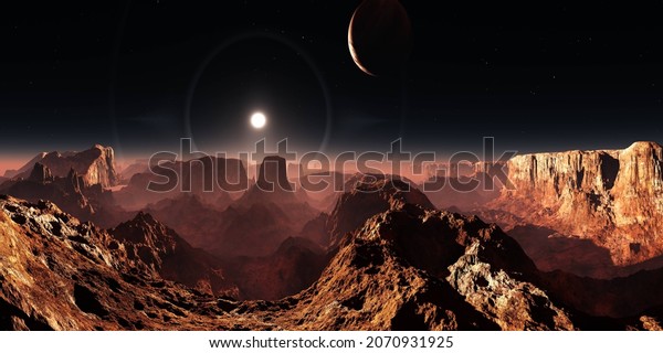 Alien\
landscape, Mars at sunset, sunrise on Mars, Star above the surface\
of another planet, alien fantasy. , 3d\
rendering