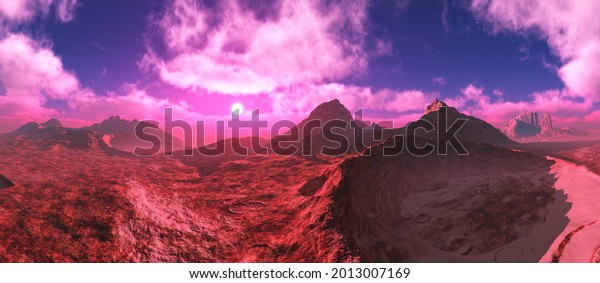 Alien landscape, martian landscape,\
glow on Mars, surface of another planet,, 3d\
rendering