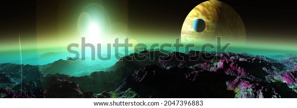 Alien landscape, the\
moon of Jupiter at the rising of a star, sunset over the alien\
surface,, 3d\
rendering