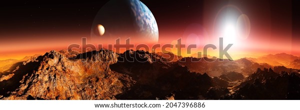 Alien landscape, the\
moon of Jupiter at the rising of a star, sunset over the alien\
surface,, 3d\
rendering