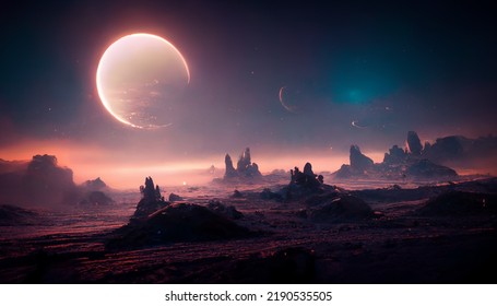 Alien Landscape Moons On Planet Surface Stock Illustration 2190535505 ...