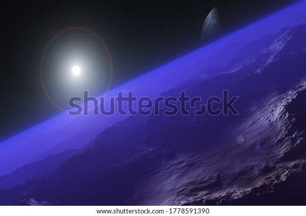 Alien landscape from orbit at the\
rising of the star, Venusian landscape at sunset, 3D\
rendering