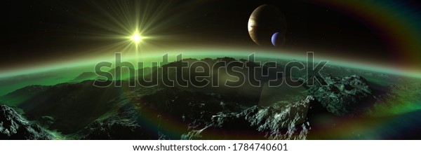 alien landscape, a panorama of a surface of\
another planet at sunrise, 3d\
rendering